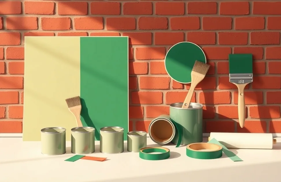 Pots de peinture, nuancier, brosses et rouleaux disposés à plat