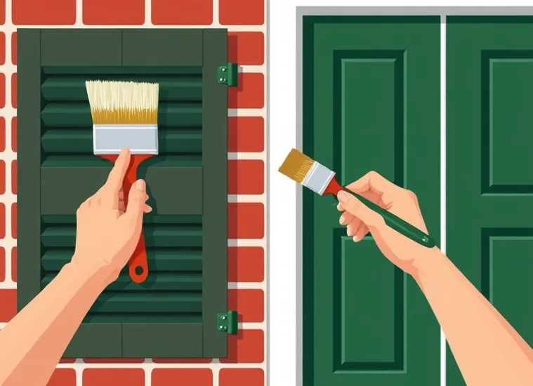 Mise en peinture au pinceau de volets et d'encadrements en bois