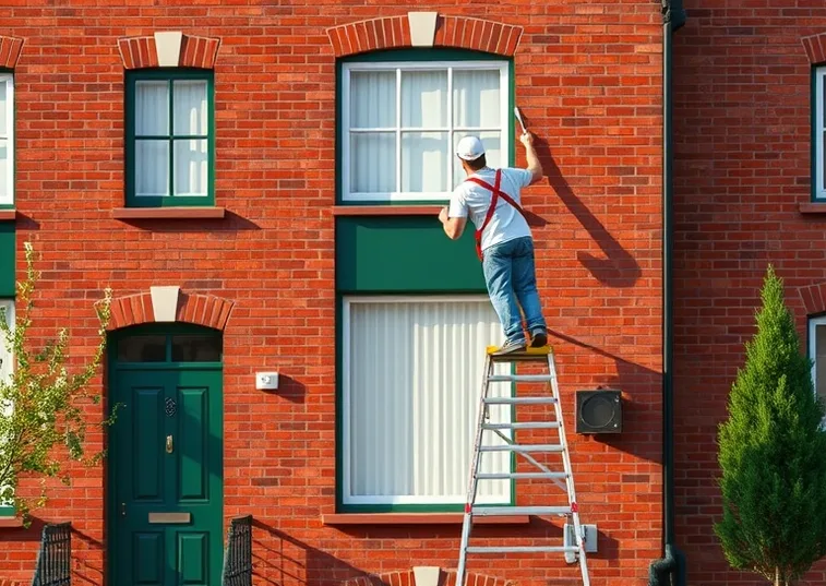 Peintre sur échafaudage traitant la façade d'une maison